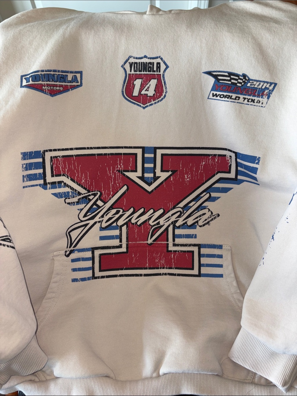 YoungLA White Hoodie with Red and Blue Racing Graphics
